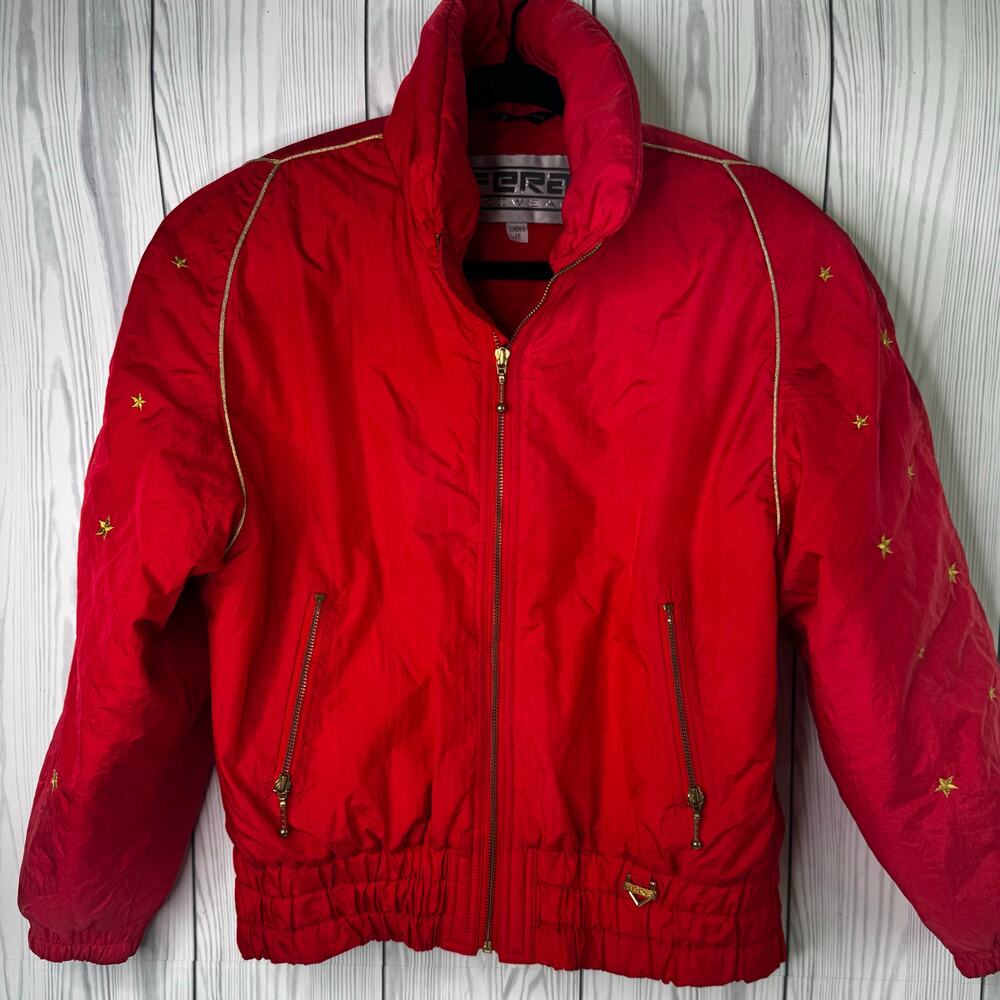 Fera Ski Wear Snow Ski Jacket-Red with Gold Embroidered Stars- Women's Size 12